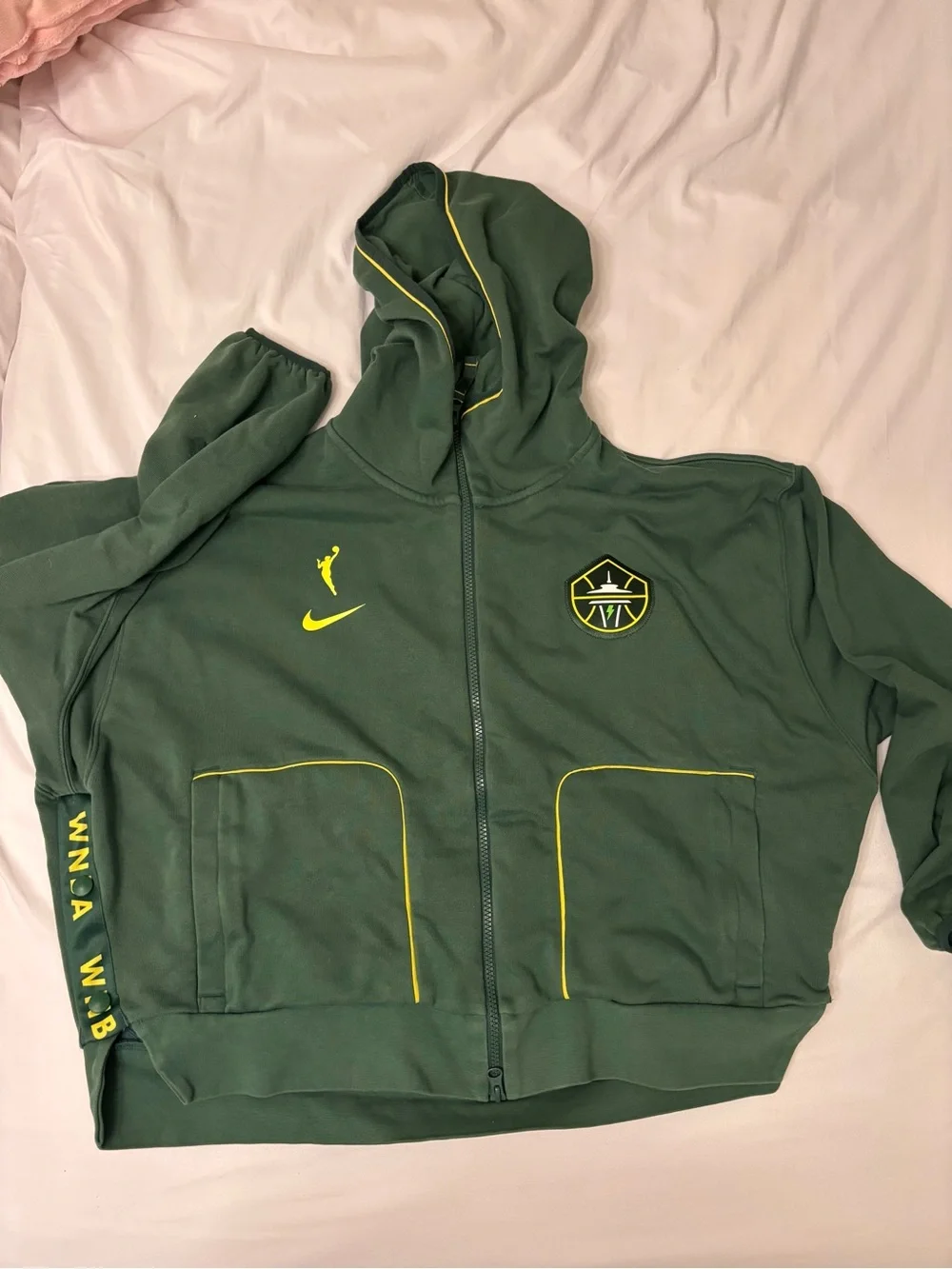 Nike Women's Seattle Storm Dark Green Hooded Varsity Jacket with Yellow Trim